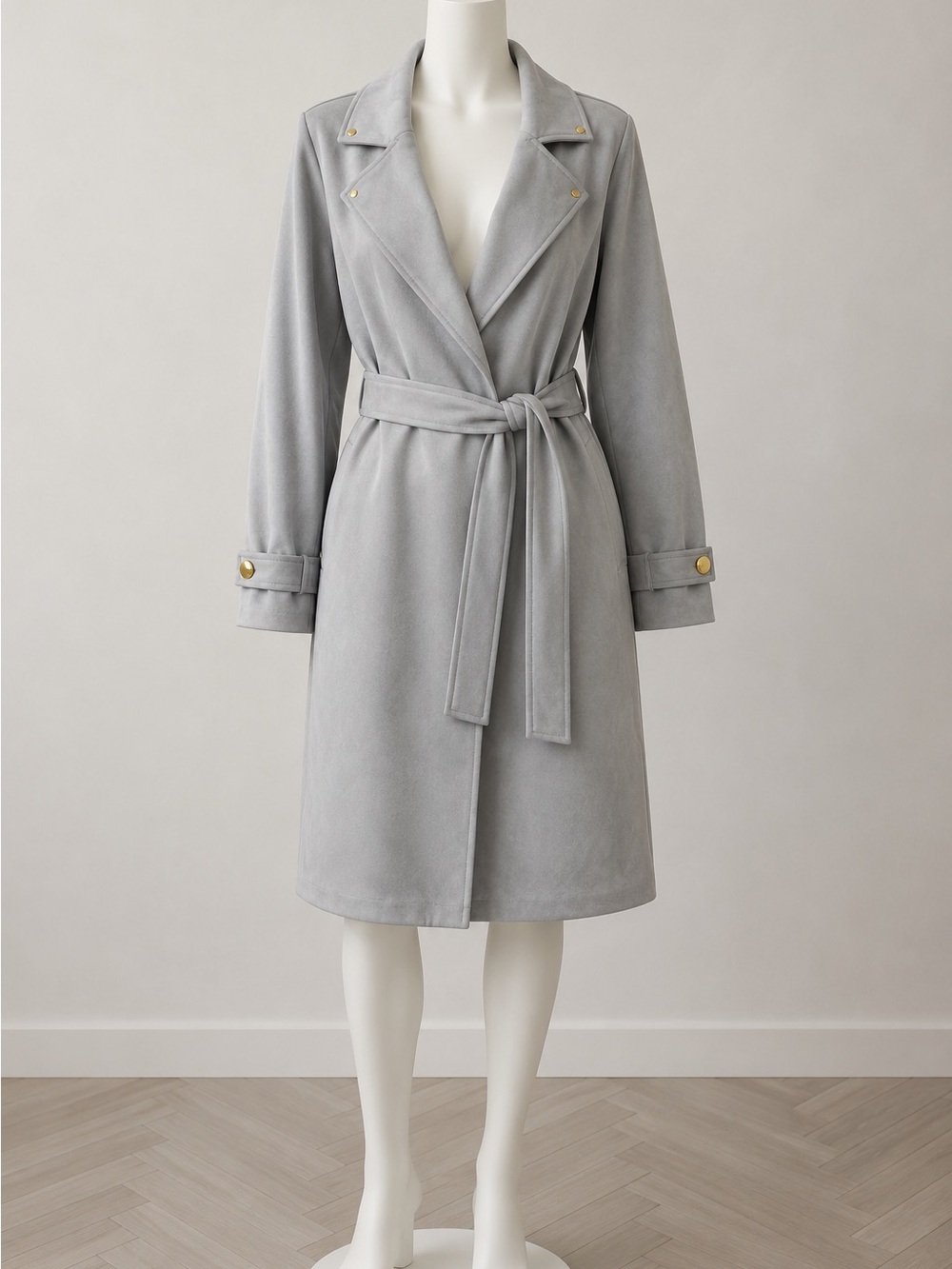 Light Gray Belted Trench Coat with Gold Accents